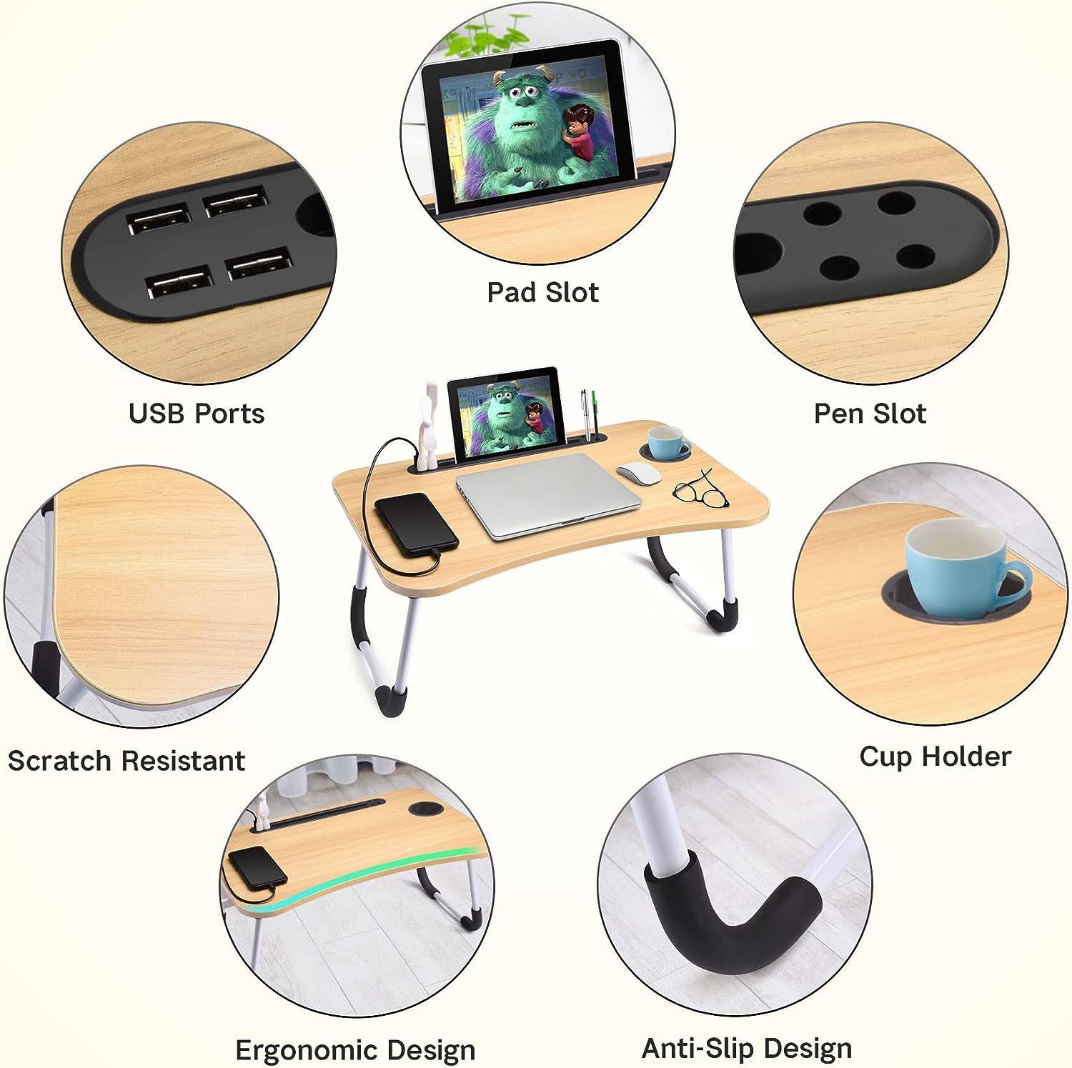 Portable Laptop Desk - Adjustable Folding Table in light wood showing features like USB ports, pad slot, pen slot, and anti-slip legs for ergonomic use.