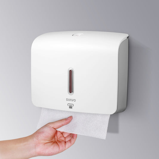 Wall-mounted dispenser releasing a Multifold 1 PLY paper hand towel. Perfect for hygienic and efficient hand drying in commercial restrooms.