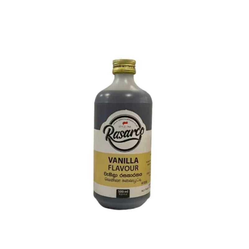 Rasarco Vanilla Flavour 500 ml bottle for baking cakes and cookies. Ideal for enhancing desserts with authentic vanilla taste.