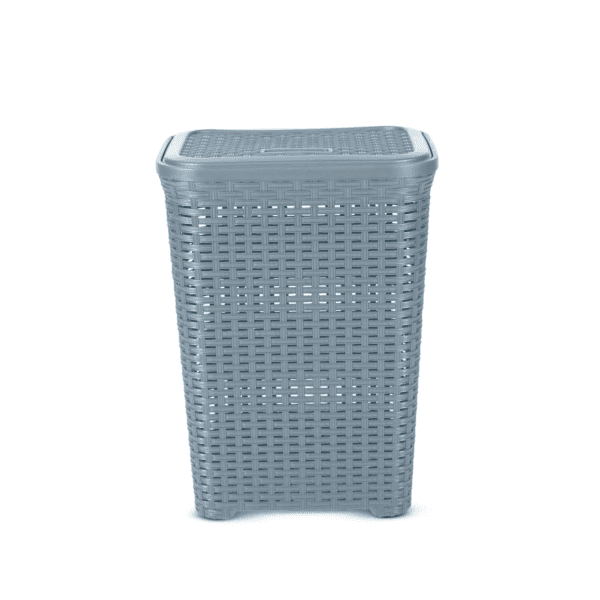 Phoenix Rattan Laundry Basket in blue, 60L storage box with lid, perfect for compact laundry organization in home and garden settings.