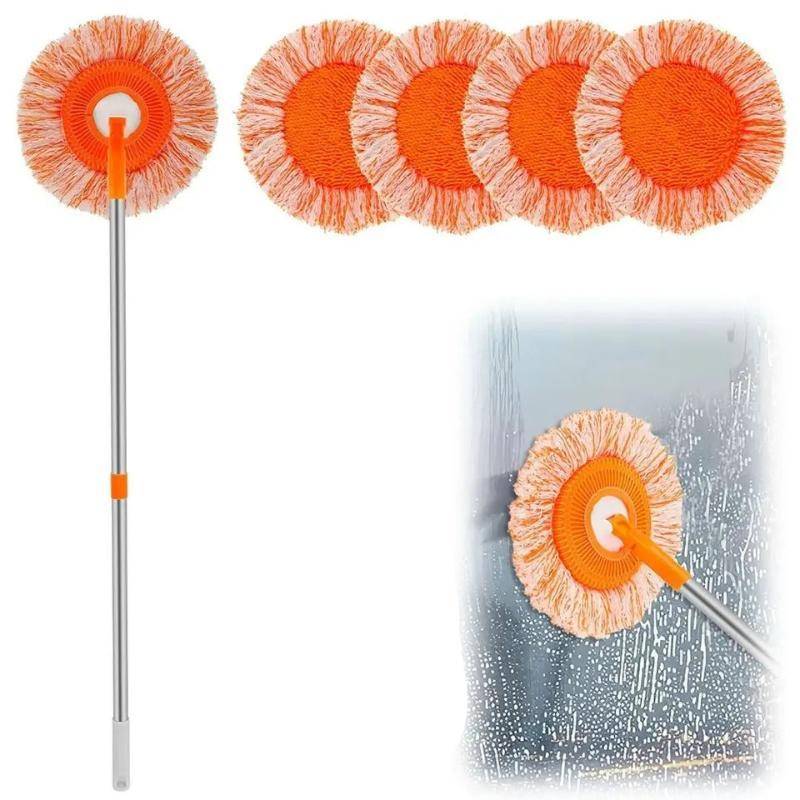 Rotatable Cleaning Mop with five replaceable heads and telescopic handle. Shown cleaning glass surfaces with 360° flexibility.
