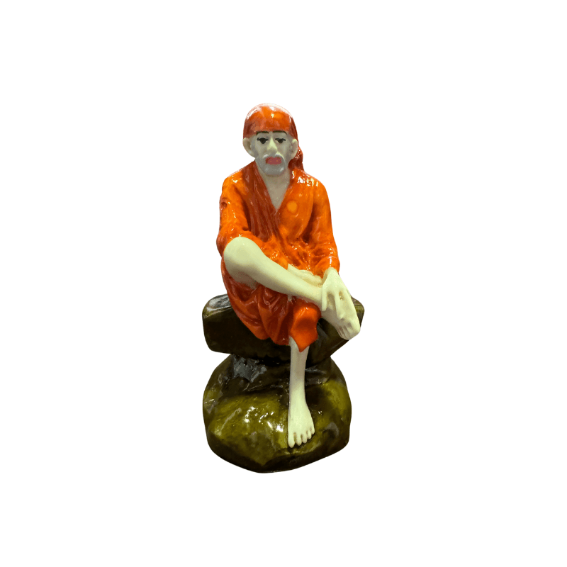 Sai Baba Statue 9cm - Marble Statue featuring Sai Baba seated on a rock, ideal for pooja decor and spiritual gifting in home settings.