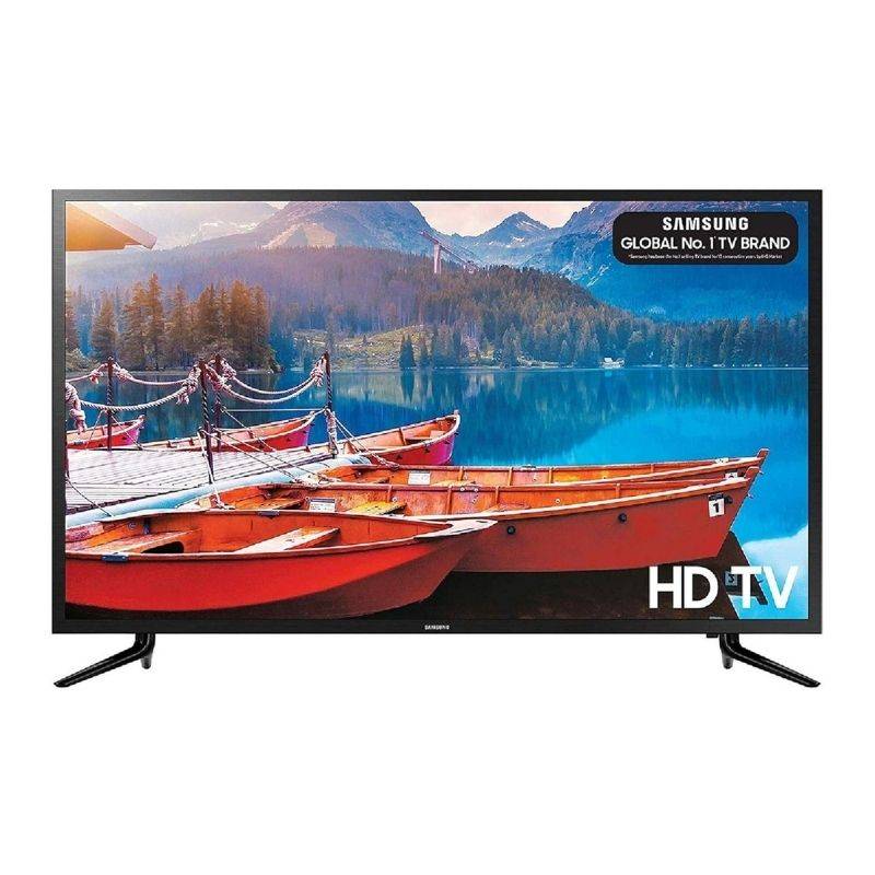 Samsung 32″ LED HD TV displaying vibrant lake and mountain scenery. Features HDMI, USB ports, and 20W audio for immersive viewing.