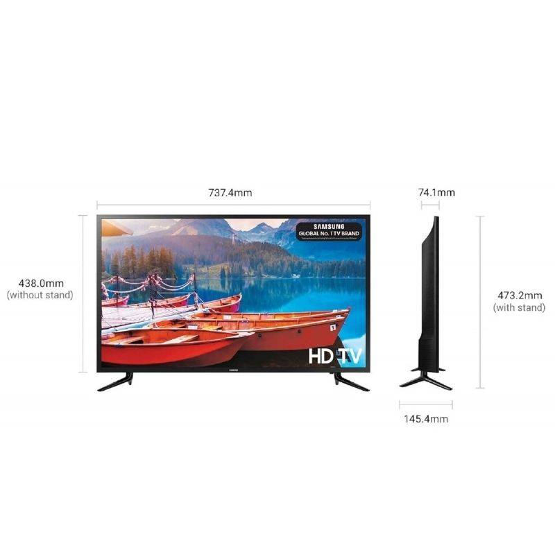 Samsung 32″ LED HD TV with HDMI and USB ports, 20W audio, shown with dimensions and side profile for Electronics > Video > Televisions category.