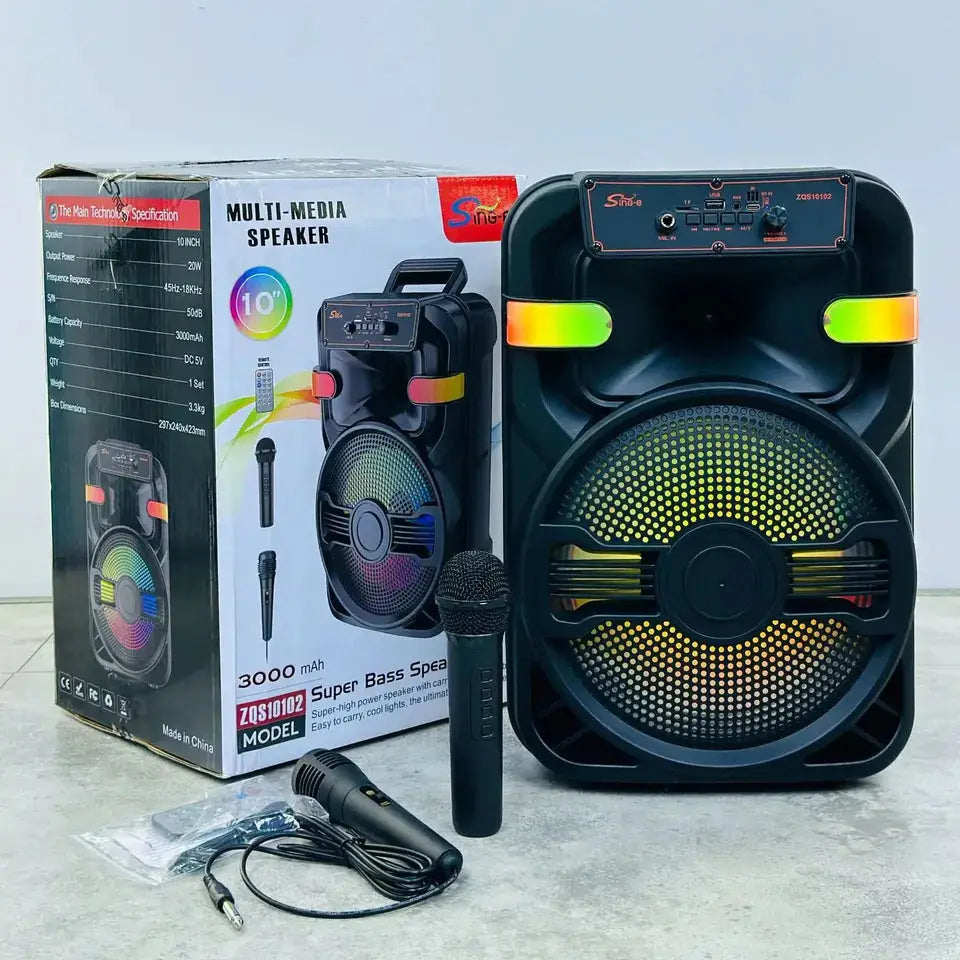 Sing-e Portable Karaoke Bluetooth Speaker set includes microphone, charging cable, and retail box, perfect for multimedia entertainment.