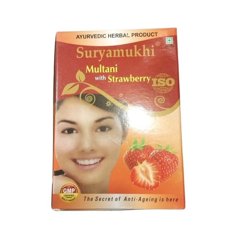 Suryamukhi Multani with Herbal Powder Strawberry face powder box featuring a smiling woman and strawberries, ideal for clear skin in Sri Lanka.