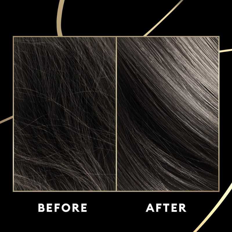 Before and after comparison showing frizzy hair transformed into smooth, shiny strands using Tresemme Keratin Smooth Shampoo.