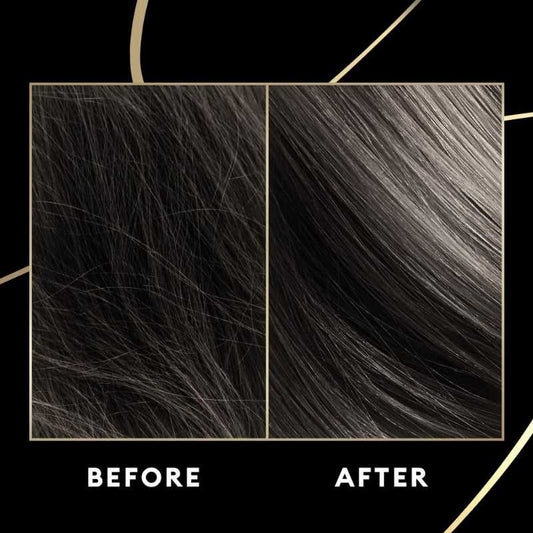 Before and after comparison showing frizzy hair transformed into smooth, shiny strands using Tresemme Keratin Smooth Shampoo.