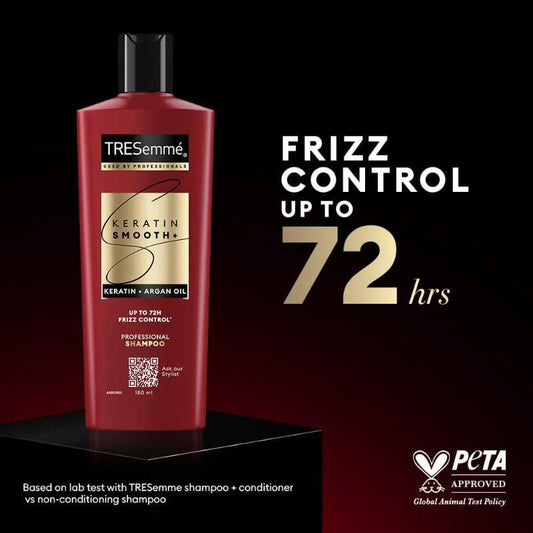 Tresemme Keratin Smooth Shampoo promises up to 72 hours of frizz control with keratin and argan oil. PETA-approved hair care product.