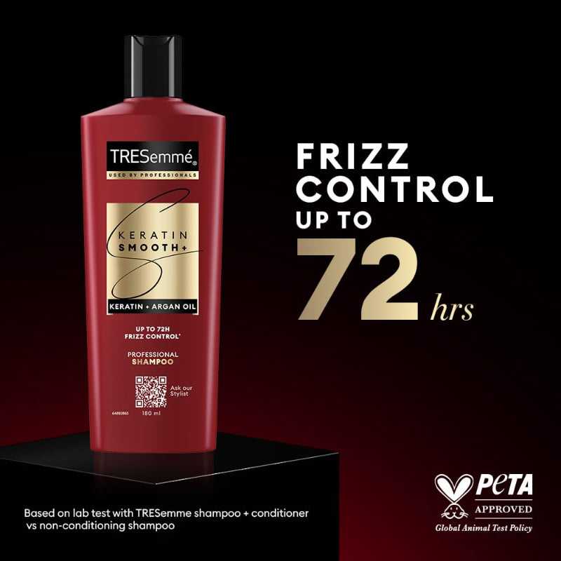 Tresemme Keratin Smooth Shampoo promises up to 72 hours of frizz control with keratin and argan oil. PETA-approved hair care product.
