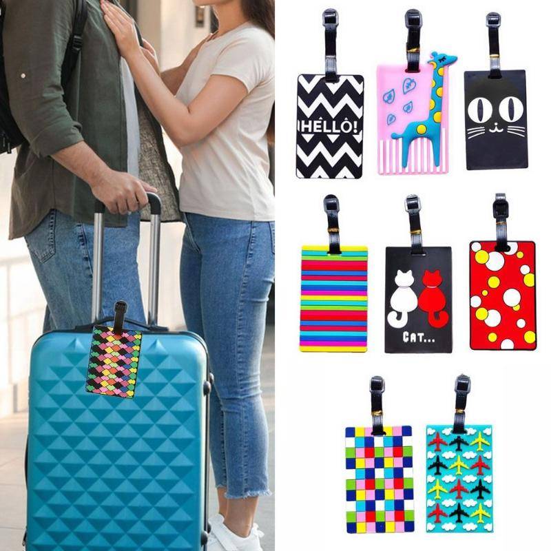Travel Luggage Tag Assorted attached to a blue suitcase, featuring colorful and playful designs for easy luggage identification.