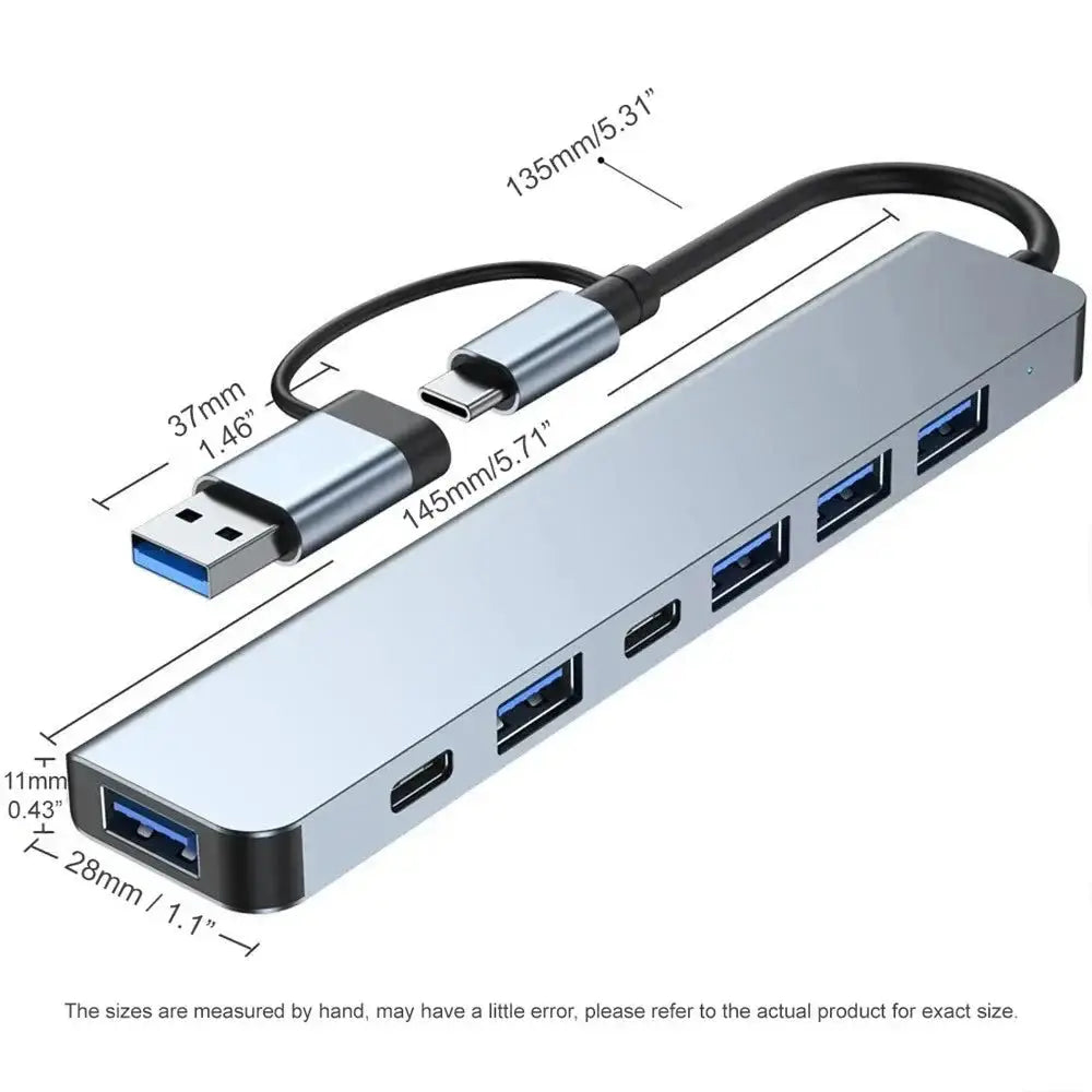 8 in 1 USB Hub with Audio Jack featuring multiple USB ports, HDMI, and Type-C connectors for charging and data transfer. Ideal computer accessory.