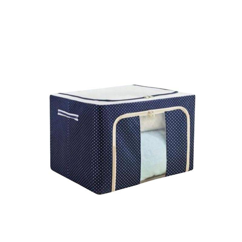 Compact navy Cloth Storage Box 39cm with zipper front and side handles, ideal for organizing clothes and saving space in closets or shelves.