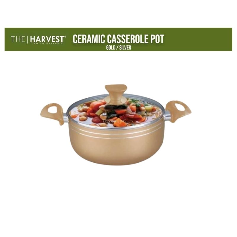 Harvest Ceramic Non-stick Casserole Pot in gold with glass lid, ideal for even heat cooking and easy cleanup. Available at best price in Sri Lanka.