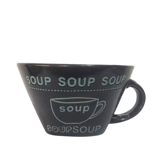 Minimalist black porcelain soup cup with printed soup text, ideal for modern tableware collections. Explore soup bowl options in Sri Lanka.