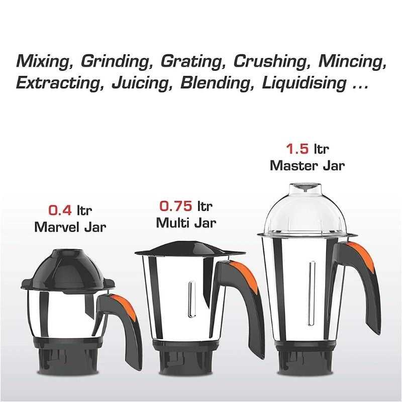 Vidiem VSTAR EVO PLUS 750W Mixer Grinder jar set including 1.5L Master Jar, 0.75L Multi Jar, and 0.4L Marvel Jar for versatile food prep.
