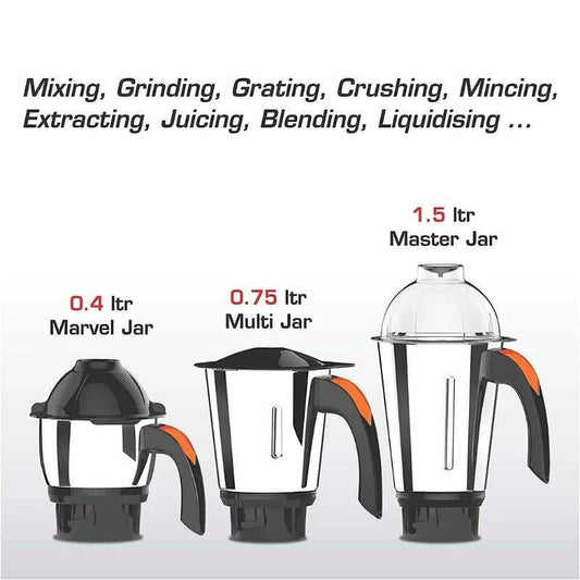 Vidiem VSTAR EVO PLUS 750W Mixer Grinder jar set including 1.5L Master Jar, 0.75L Multi Jar, and 0.4L Marvel Jar for versatile food prep.