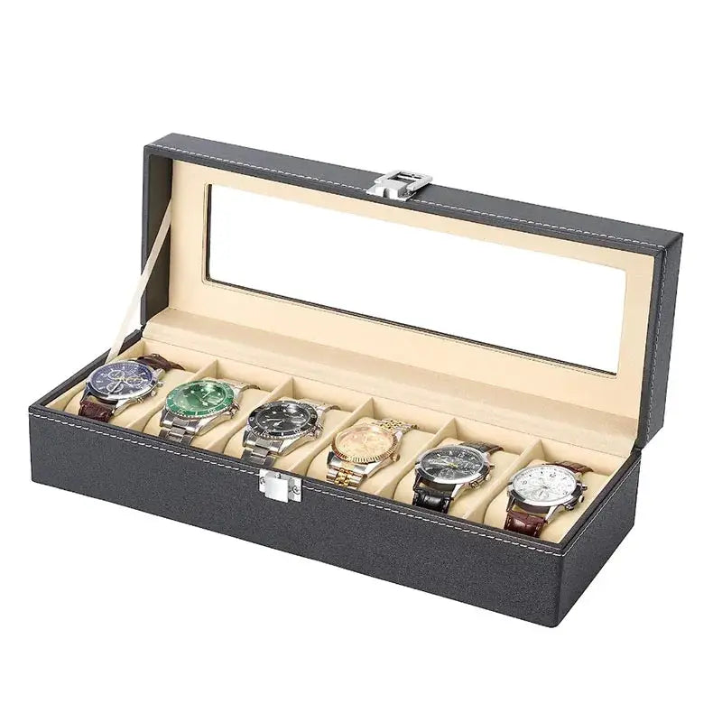 PU Leather Watch Storage Organizer with 6 slots showcasing assorted wristwatches, ideal for stylish and protective display in Sri Lanka.