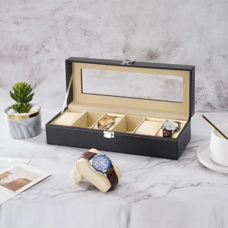 PU Leather Watch Storage Organizer Price in Sri Lanka with 6 compartments, elegant black finish, and soft interior for scratch-free watch storage.