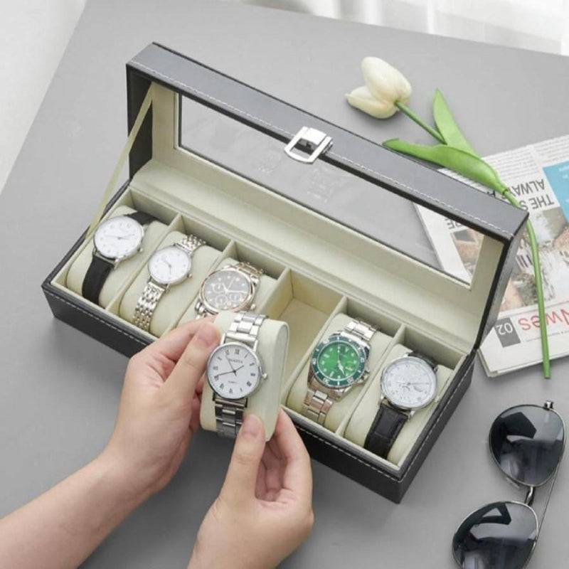 PU Leather Watch Storage Organizer with 6 Slots, featuring a transparent lid and soft cushions, perfect for organizing luxury watches in Sri Lanka.