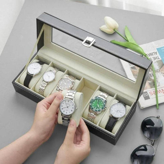 PU Leather Watch Storage Organizer with 6 Slots, featuring a transparent lid and soft cushions, perfect for organizing luxury watches in Sri Lanka.
