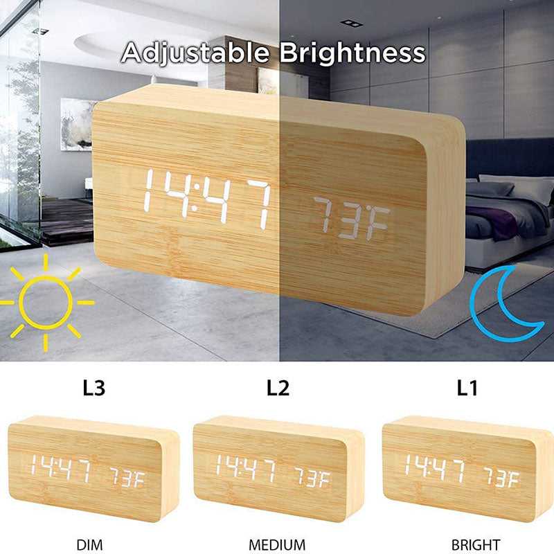 Wooden LED Digital Clock with adjustable brightness levels for day and night use, perfect for bedrooms or living rooms.