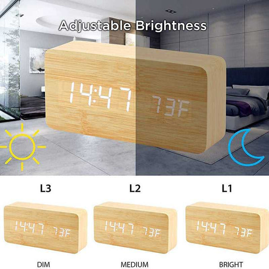Wooden LED Digital Clock with adjustable brightness levels for day and night use, perfect for bedrooms or living rooms.