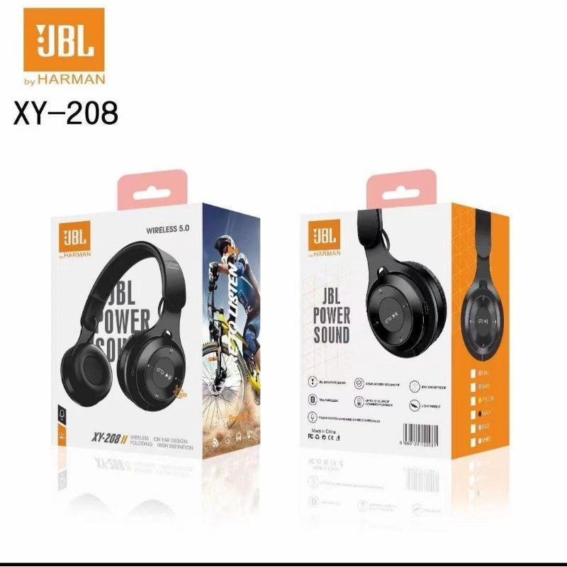 JBL Folding Headphones XY-208 packaging showing wireless on-ear headset with Bluetooth 5.0, ideal for travel and daily use at Bamagate.com