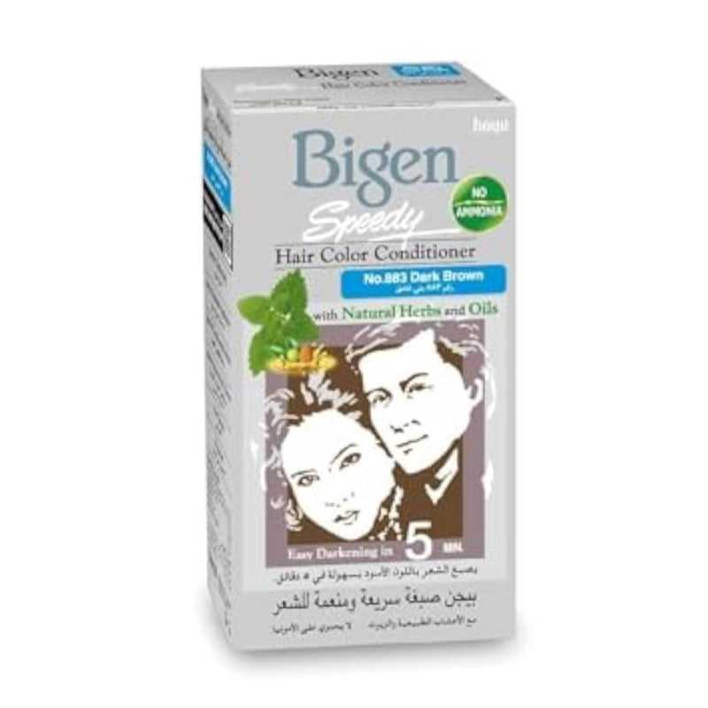 Bigen Hair Color Conditioner No.883 Dark Brown 40g box front with product branding, natural herbs imagery, and quick 5-minute coloring claim.