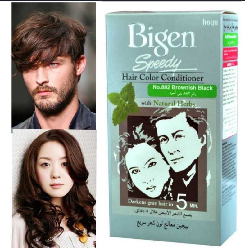 Bigen Brownish Black Hair Color Conditioner No.882 box with natural herbs, shown alongside models with dark, shiny hair. Ideal for quick gray coverage.