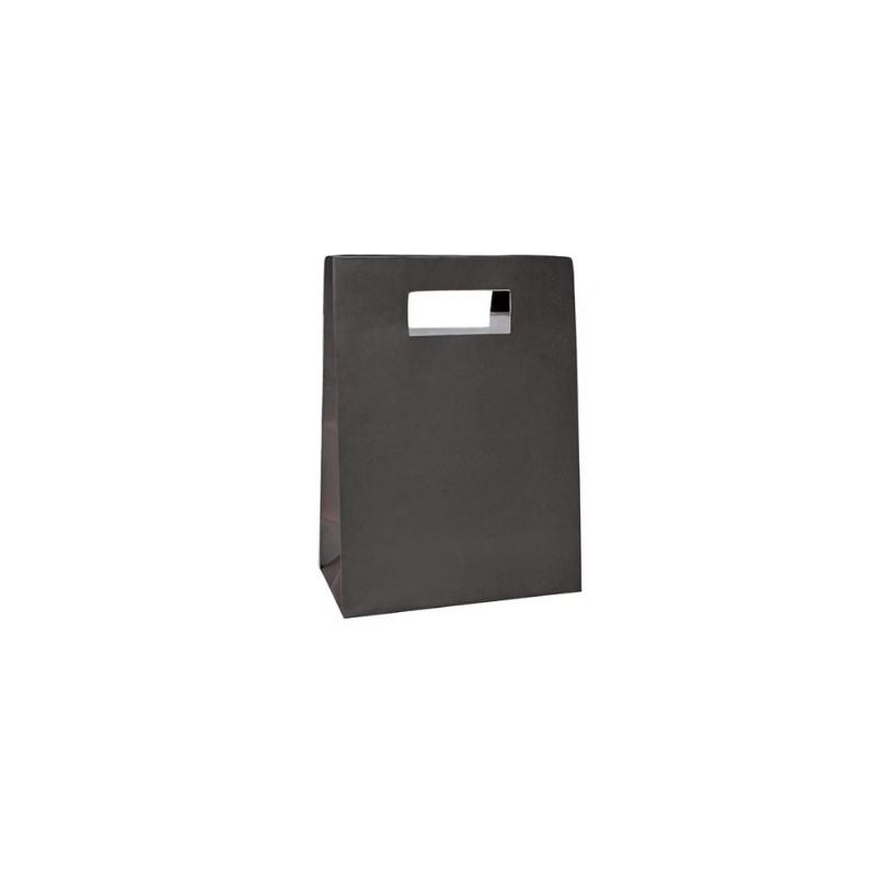 Black 6 PCS Eco Paper Bag with Cut Handle 20x14.5 cm, durable and sleek for retail or gift packaging in business settings.