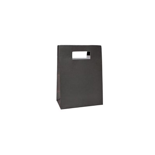 Black 6 PCS Eco Paper Bag with Cut Handle 20x14.5 cm, durable and sleek for retail or gift packaging in business settings.