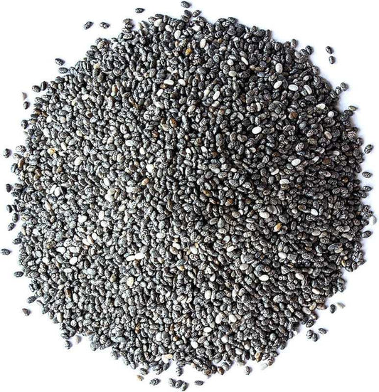 Close-up of Kpon Chia Seeds 100g Rich in Nutrition showing a pile of nutrient-rich black chia seeds for healthy cooking and baking.