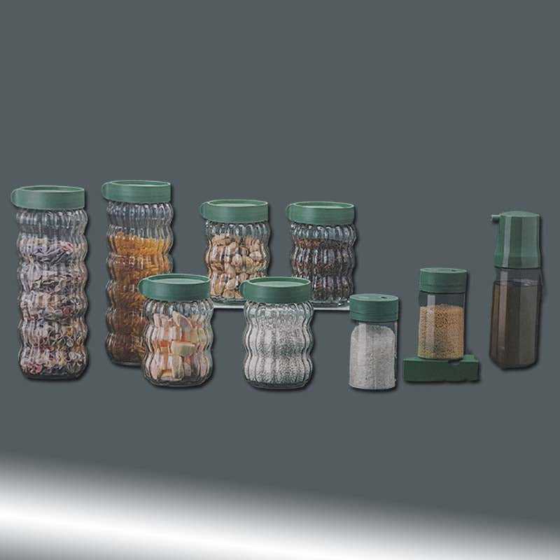 Complete set of 9 airtight kitchen bottles including spice jars, oil dispenser, and storage containers for food organization from Bamagate.com.