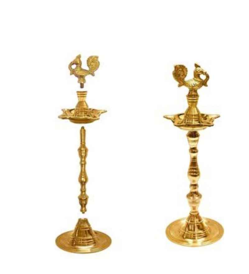Brass Kuthu Vilakku Lamp - Handcrafted Brass Lamp with intricate peacock design, ideal for traditional pooja decor and spiritual home settings.