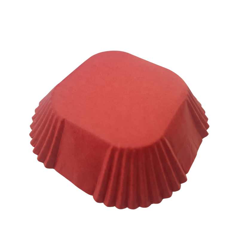 Red grease-proof brownie liner with fluted edges from the 25 PCs Set, ideal for baking square-shaped cupcakes or brownies.