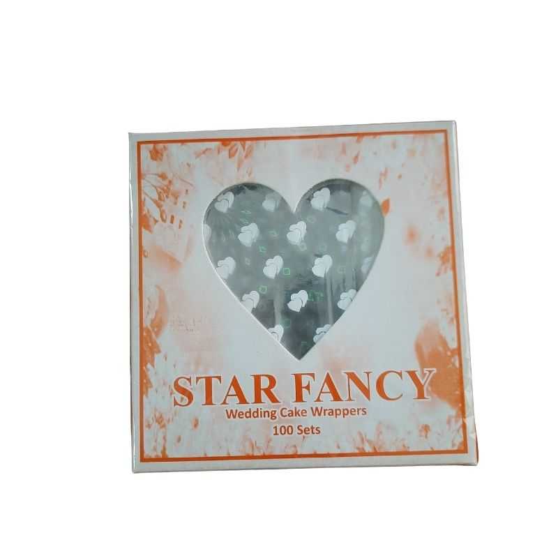 Star Fancy Wedding Cake Wrappers 100 PCS in white floral design, perfect for enhancing cake presentation at weddings and special events.