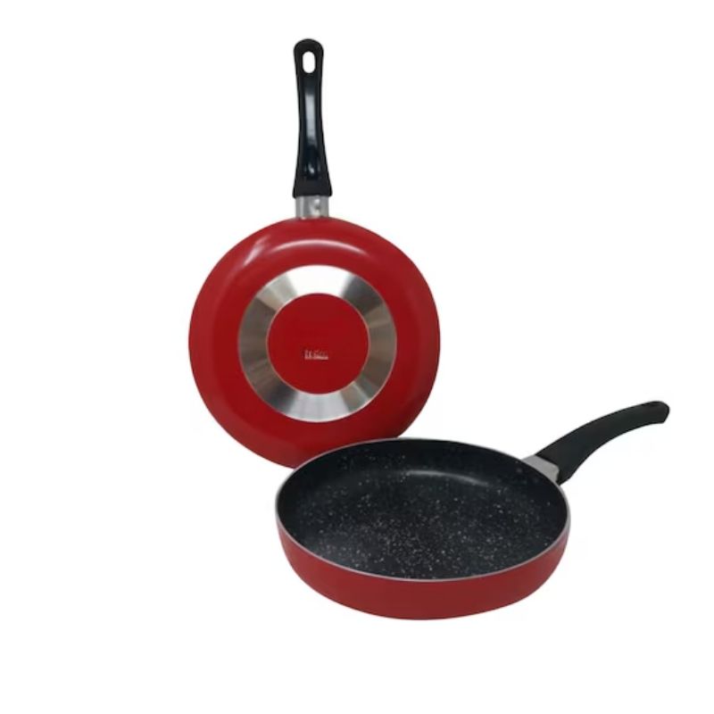 CAMY Three Layer Marble Coated Frying Pan with red exterior and black non-stick marble interior, ideal for even heat cooking in modern kitchens.