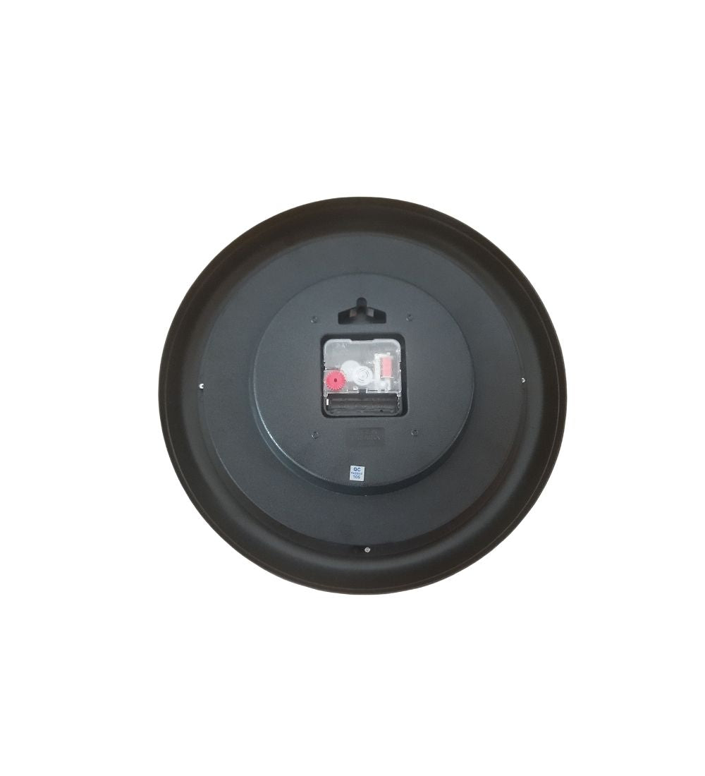 Back view of CAMY Wall Clock Round with White Background 11" showing battery compartment and wall-mount slot for easy installation.