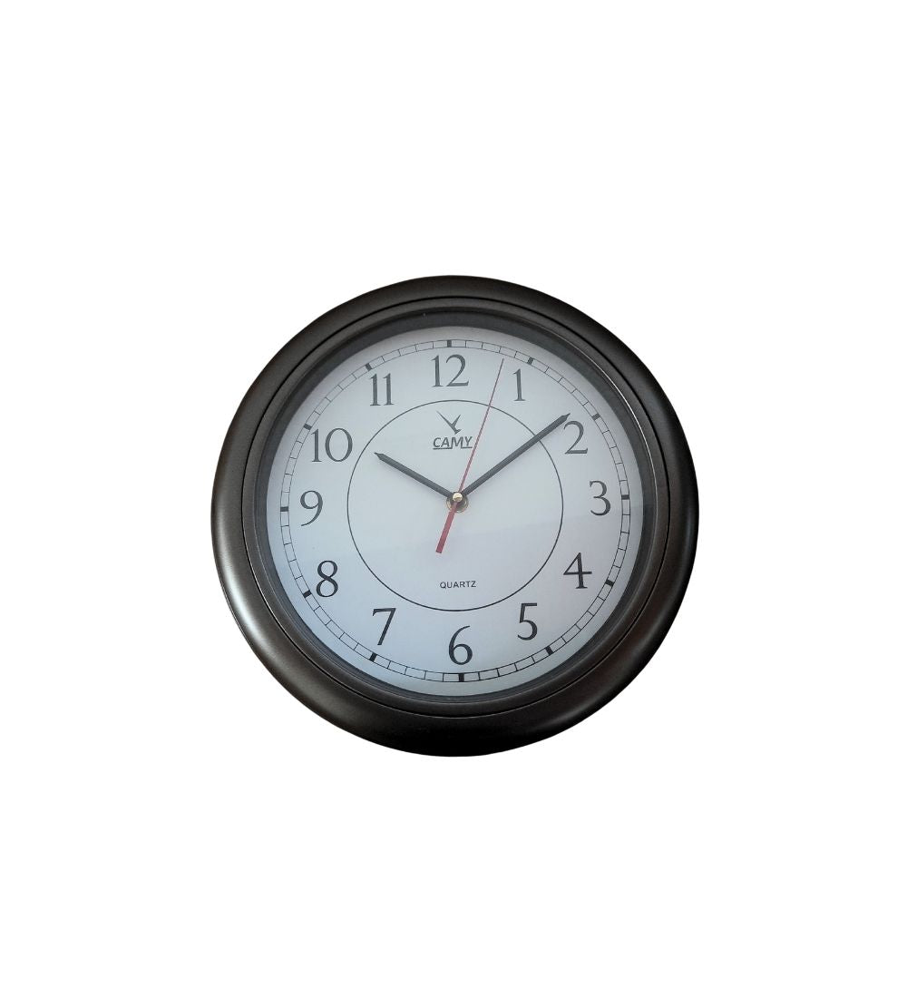 11-inch CAMY Wall Clock with white dial and black bezel, perfect for stylish wall decor in living rooms, kitchens, or workspaces.