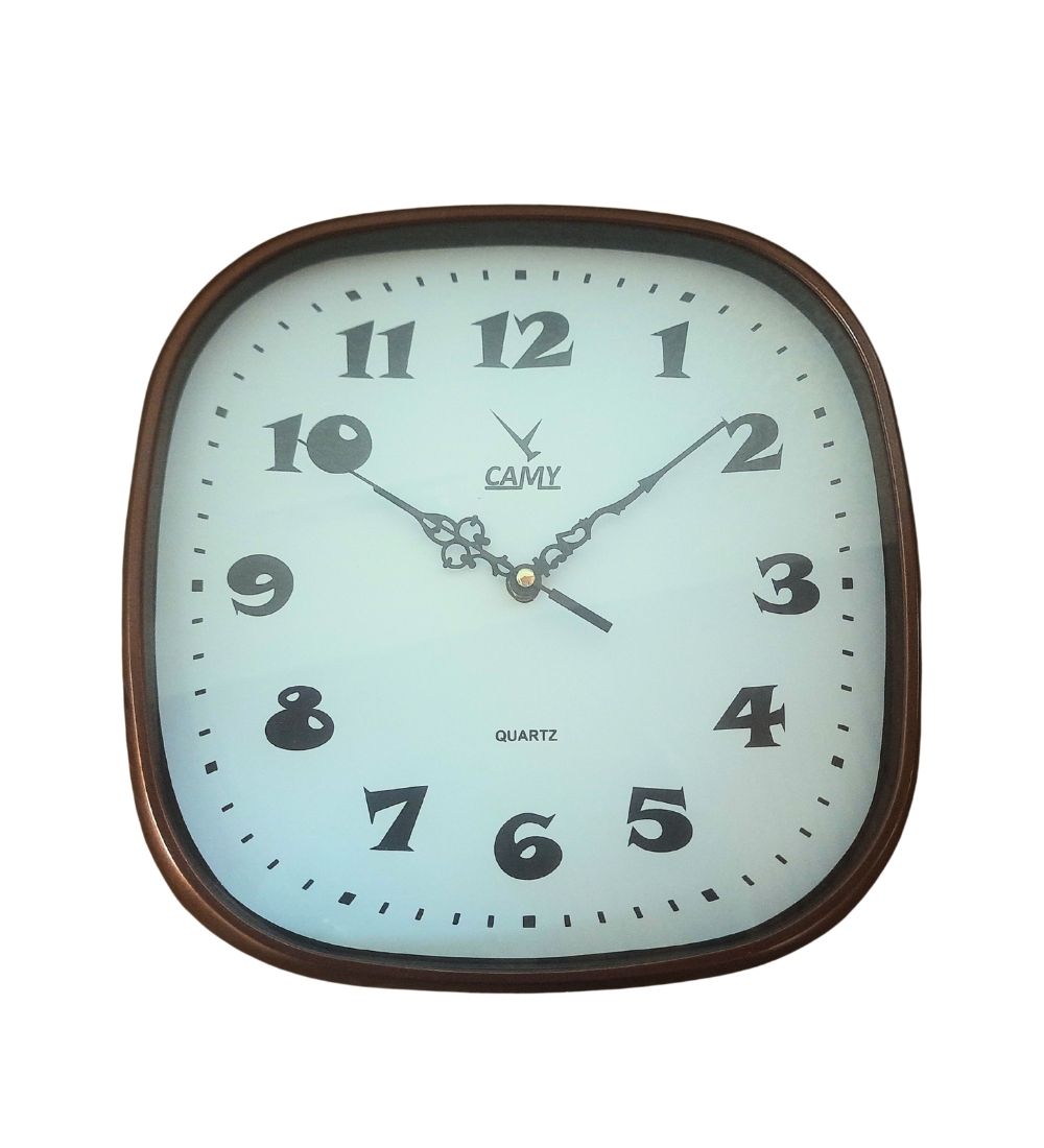 CAMY Wall Clock Square with White Background 11-inch featuring bold black numbers and ornate hands, ideal for home or office wall decor.