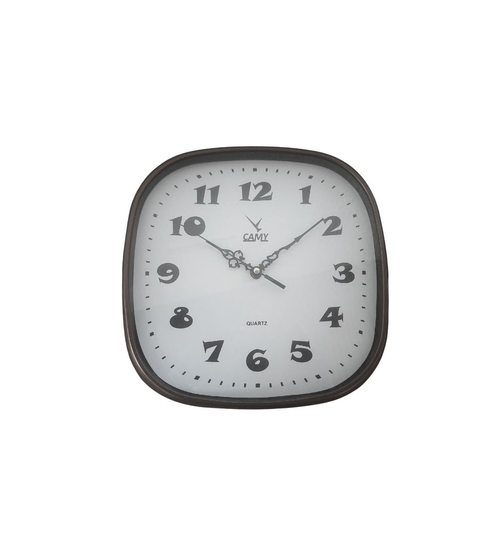 CAMY 11-inch Square Wall Clock with white face and black frame, designed for stylish timekeeping in modern home and kitchen interiors.