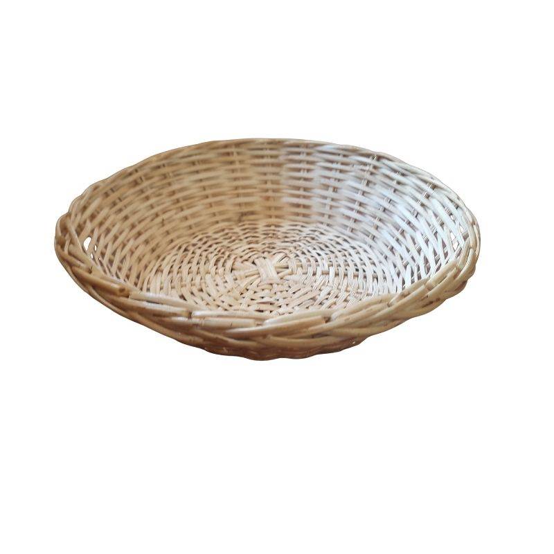 Reusable cane fruit basket with a round woven design, ideal for eco-friendly kitchen storage and sustainable food organization.