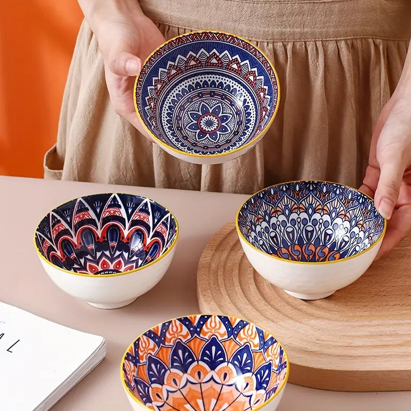 Set of 4 Mandela Porcelain Dessert Bowls with intricate multicolor designs, perfect for serving cereal, soup, or desserts in stylish table settings.