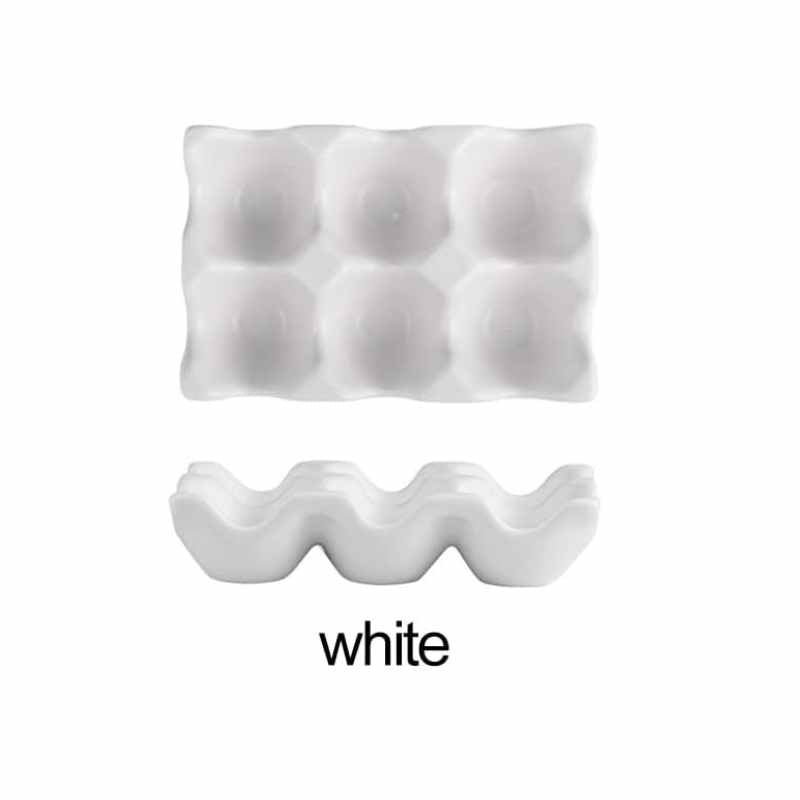White Ceramic Egg Holder 6 Grid with top and side views, perfect for stylish and functional egg storage in modern kitchens.