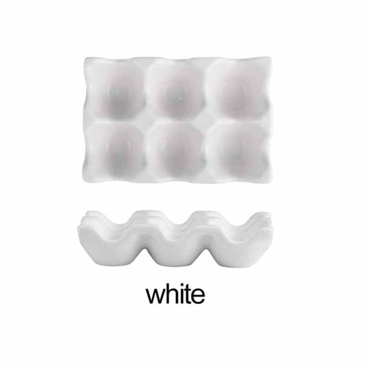 White Ceramic Egg Holder 6 Grid with top and side views, perfect for stylish and functional egg storage in modern kitchens.