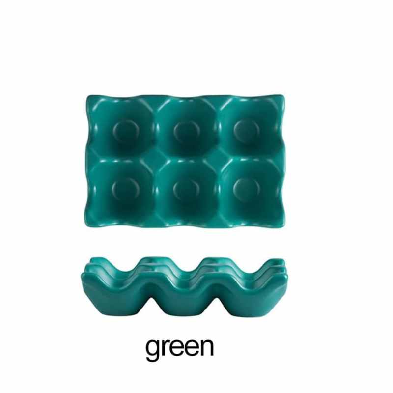 Green Ceramic Egg Holder 6 Grid with top and side views, showcasing durable design for secure egg storage in kitchen accessories.
