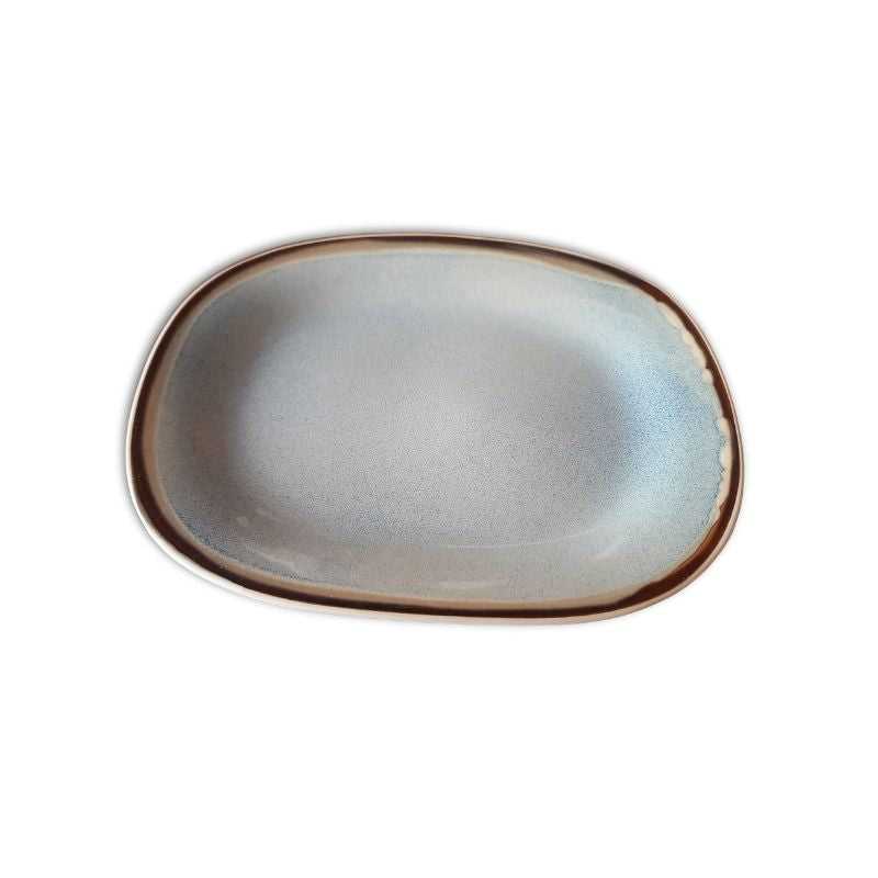 Nordic porcelain rice plate 12 inch with smooth matte glaze and rustic brown rim, ideal for serving rice or entrees in modern kitchens.