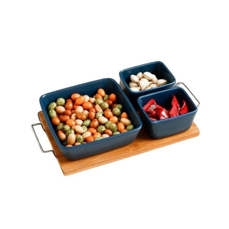 Ceramic Serving Dish with Wooden Tray featuring three navy blue bowls filled with snacks, ideal for modern table settings and hospitality use.