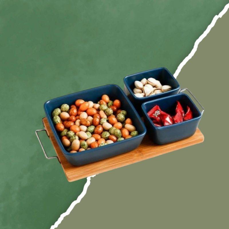 Modern Ceramic Serving Dish Set with Wood Tray shown on a green background, perfect for elegant dining and stylish kitchen presentation.